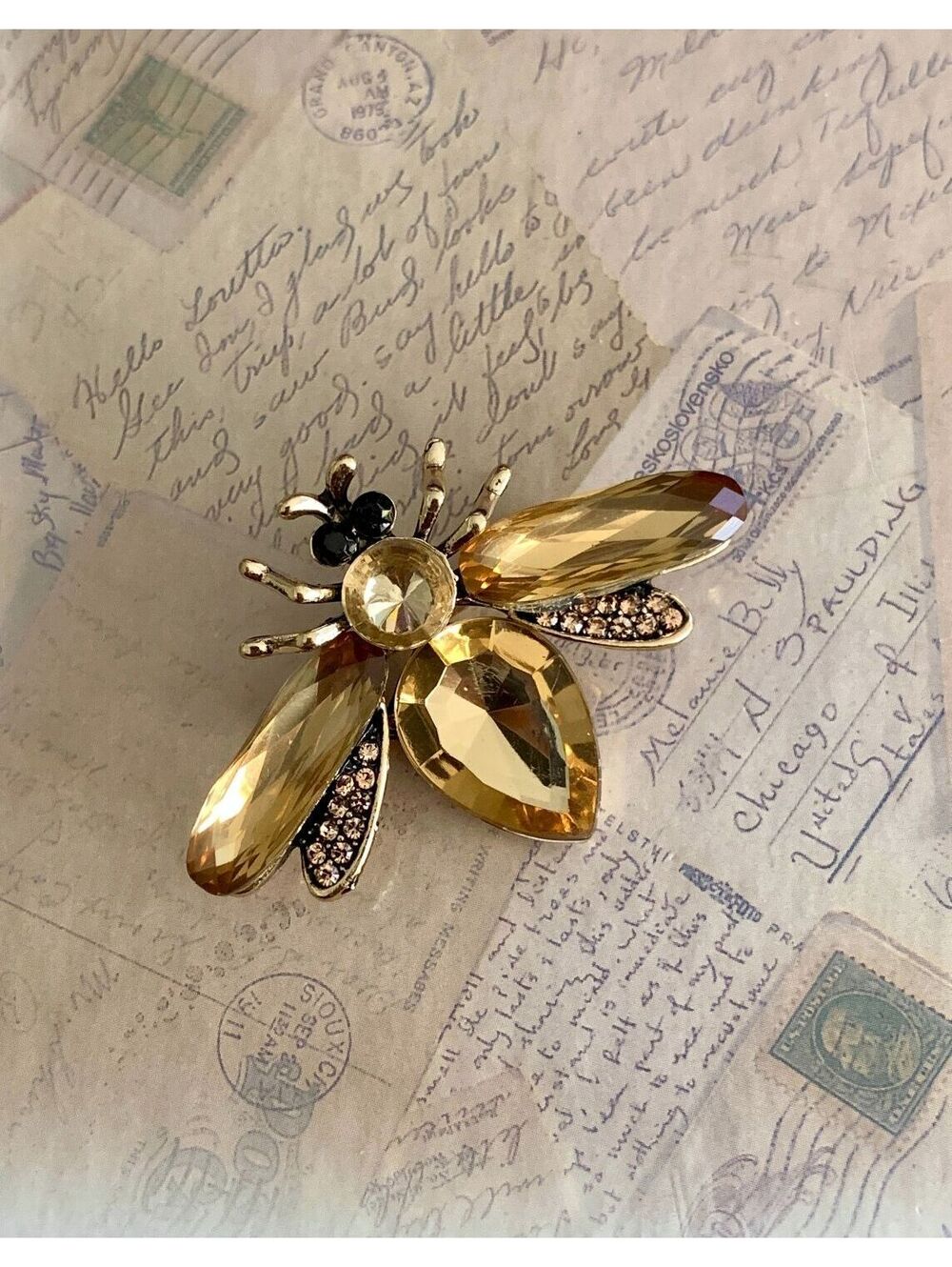 Sparkling Amber Crystal Bee Brooch Pin - Elegant Insect Jewelry